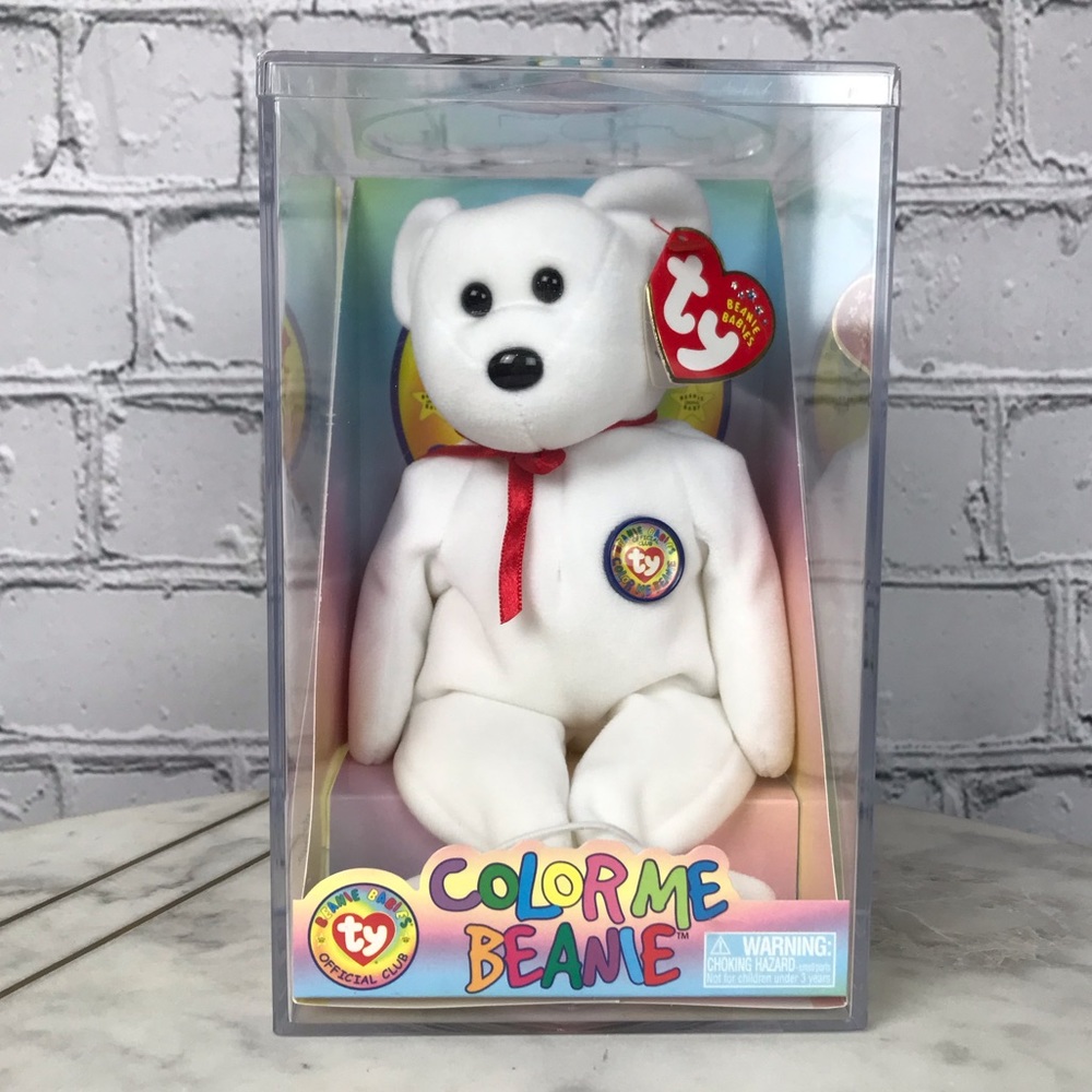 TY Beanie Babies Official Club Color Me Beanie Plush Vintage White Teddy Bear